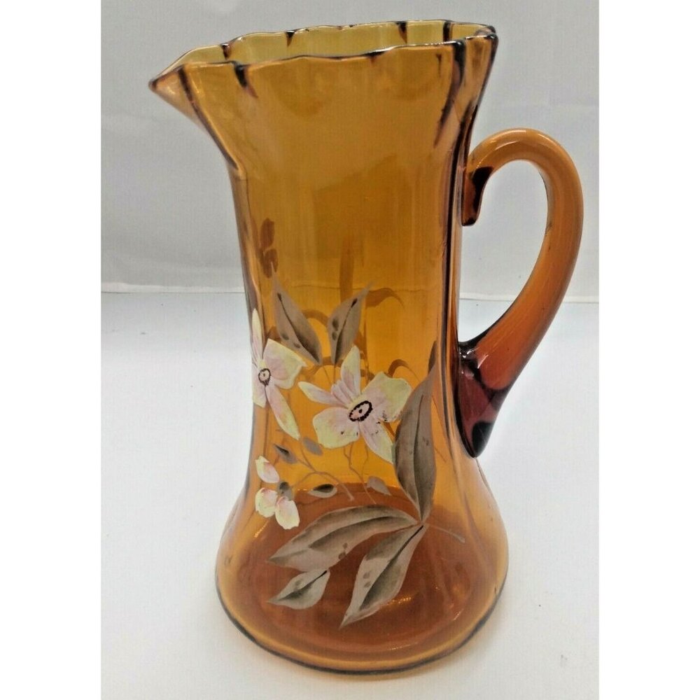 Antique Hand Blown Hand Painted Floral Amber Glass Ruffled Pitcher 1890-1900
